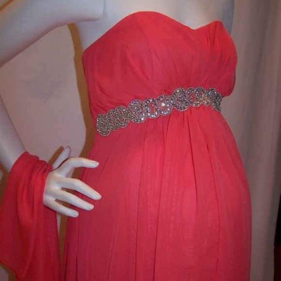 Misses Hi-Lo Chiffon Dress Strapless Rhines Coral - Picture 2 of 6